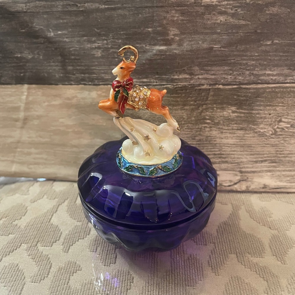 Gorham Jeweled Reindeer Cobalt Blue Glass Trinket Box Holiday Christmas Dish